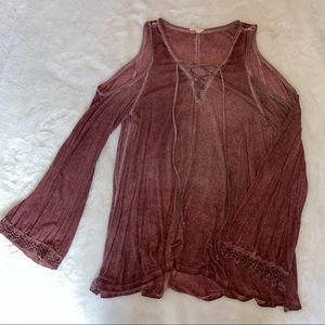 Lace-Up Cold Shoulder Bell Sleeve Shirt